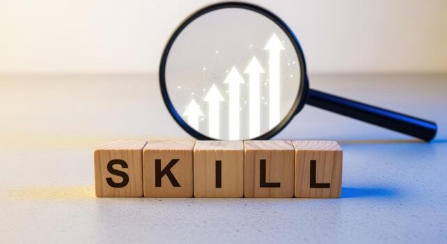 Skill Development Concept Wooden Blocks Spelling Skill with Growth Arrows Under Magnifying Glass photo