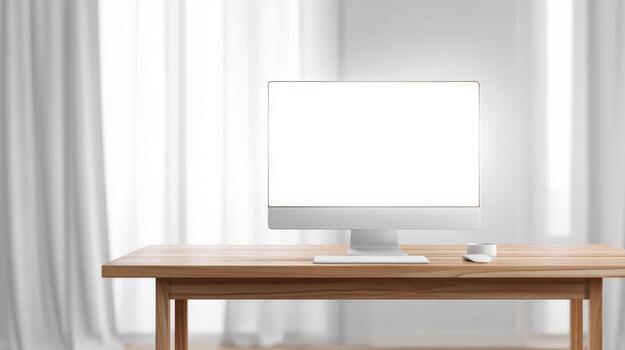 Modern Computer Mockup on Wooden Desk with White Screen for Digital Marketing and Advertising photo