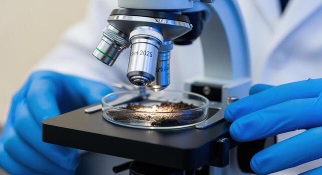 Scientist Examining Soil Sample Under Microscope in Laboratory for Environmental Analysis and Scientific Research photo