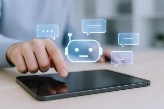 mano interactuando con ai chatbot en tableta pantalla, representando digital transformación y moderno comunicación foto