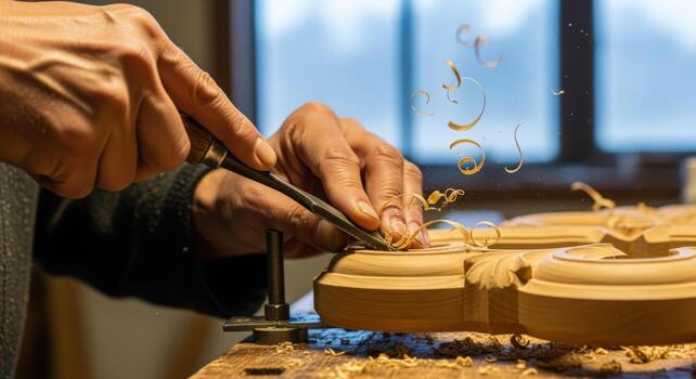 Artisan Hand Carving Wood Detail with Chisel Craftsmanship and Precision in Woodworking photo