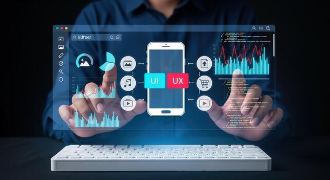 digital interfaz desarrollo persona interactuando con virtual móvil aplicación diseño y datos visualización foto