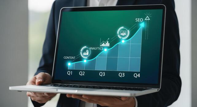 ordenador portátil mostrando seo crecimiento gráfico contenido, analítica, y mejoramiento estrategia para negocio éxito foto