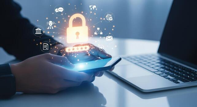 datos proteccion con móvil dispositivo la seguridad cibernética bloquear ilustrando digital seguridad y datos intimidad conceptos foto
