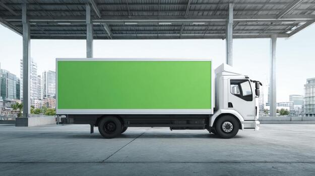 Delivery Truck with Green Screen Mockup Ready for Branding and Logistics Solutions in Urban Setting photo