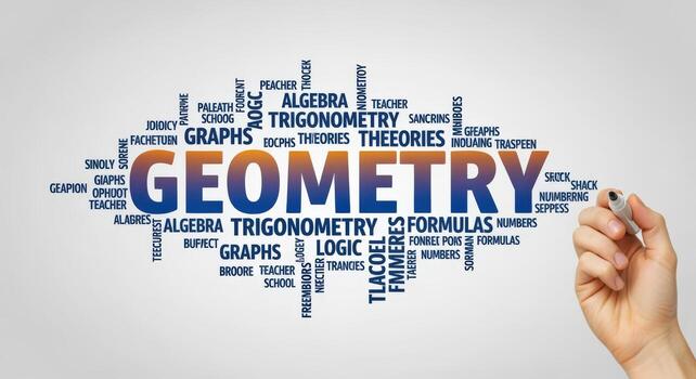Geometry Word Cloud Concept Hand About to Draw Focus on Mathematics, Equations, and Education photo