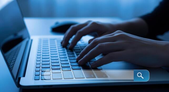 Typing on Laptop Keyboard with Search Bar Overlay for Online Work and Information Technology photo