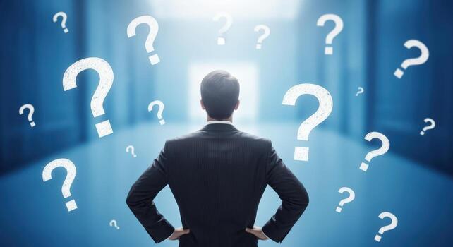 Businessman Facing Uncertainty and Questions Strategic Decisions, Problem Solving, and Direction Conceptual Image photo