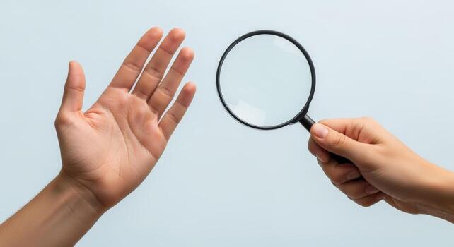 Hand Holding Magnifying Glass Examining Palm, Representing Analysis, Inspection, and Search on Blue Background photo