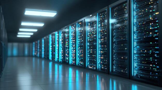 Server Room Interior with Rows of Operating Rack Servers for Data Storage and Processing, Modern Technology photo