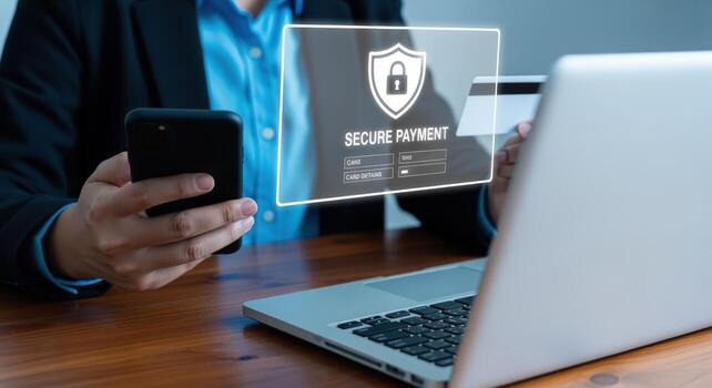 Woman Completing Secure Online Payment with Mobile Device and Credit Card for Financial Protection photo