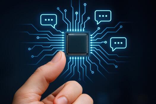Futuristic Microchip Communication Hand Holding Central Processing Unit with Glowing Network and Speech Bubbles Illustration photo