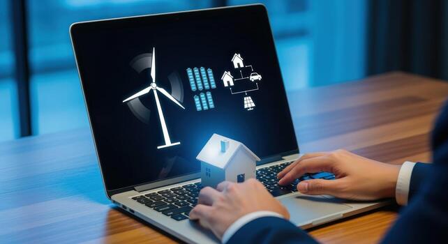Sustainable Home Energy Solutions Displayed on Laptop with Model House, Emphasizing Renewable Resources and Energy Efficiency photo