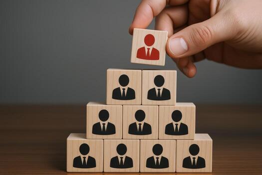 Building Team Hierarchy with Wooden Blocks Leadership, Organization, and Human Resources Concept photo