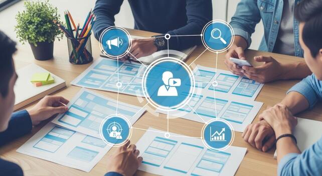 Collaborative Business Team Planning Digital Marketing Strategy for Online Web Application with User Interface Design photo