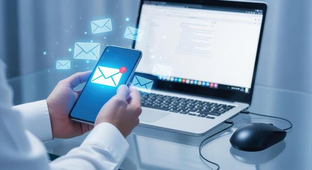 Digital Communication Concept Man Holding Smartphone with Email Notifications, Laptop and Mouse on Desk photo