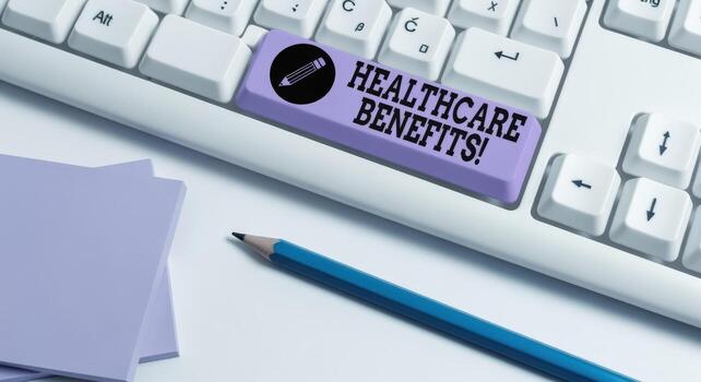 Healthcare Benefits Concept Keyboard Key Emphasizing Employee Health Coverage and Corporate Wellness Programs photo