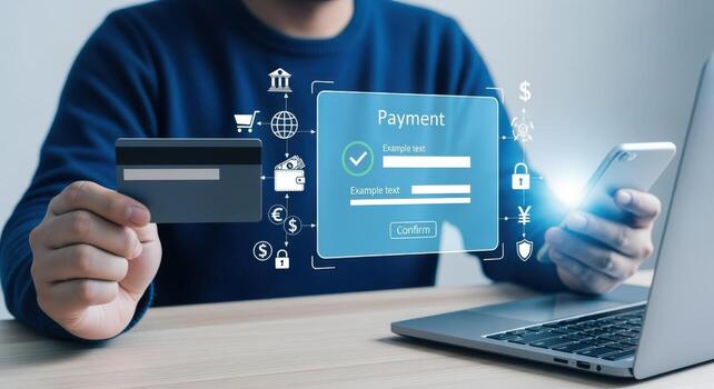 Online Payment Processing via Mobile Phone with Person Holding Credit Card for Secure Transactions photo