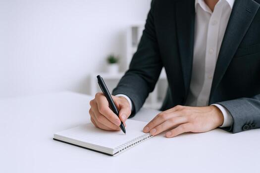 Businessman in Suit Writing Notes in a Notebook on White Desk, Isolated Close-up photo