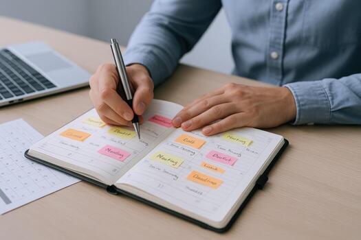 Person Planning and Writing in a Planner, Organizing Schedule and Tasks for Time Management photo