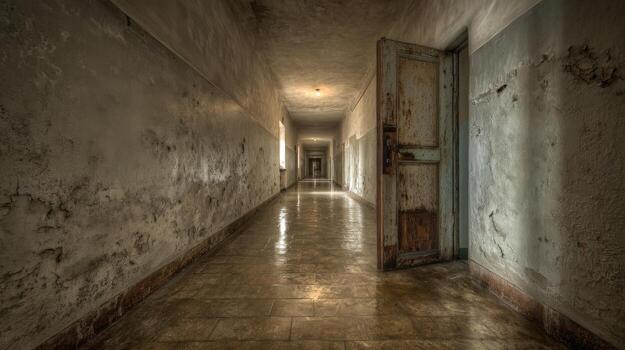Dilapidated Hallway with Open Doorway in Abandoned Building, Suggesting Mystery, Decay, and Forgotten Spaces photo