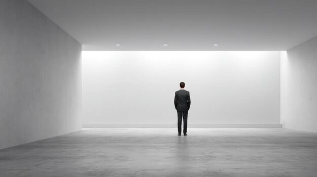 Businessman Stands in Empty Room Contemplating Future Opportunities and Challenges in Minimalist Environment photo