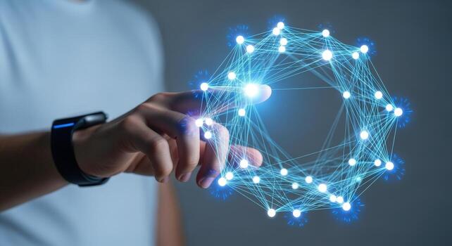 Interactive Digital Interface Man Touching a Glowing Network Sphere, Demonstrating Advanced Technology and Connectivity photo