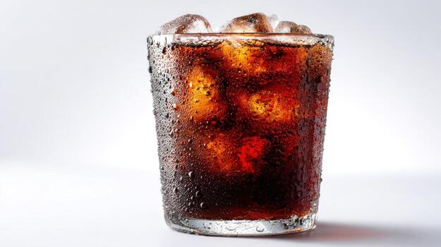 Refreshing Cola Drink with Ice Cubes in Glass on White Background, Perfect for Summer photo