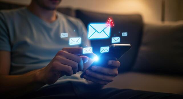 Man using smartphone checking email with glowing envelope icons representing digital communication technology photo