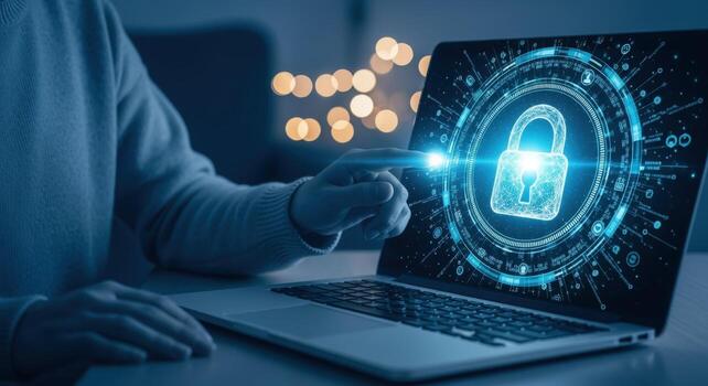 ordenador portátil seguridad persona interactuando con un digital bloquear en pantalla, enfatizando datos proteccion foto