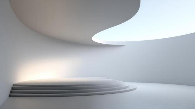 Modern architectural interior with curved walls and stepped platform, creating a bright, minimalist space photo