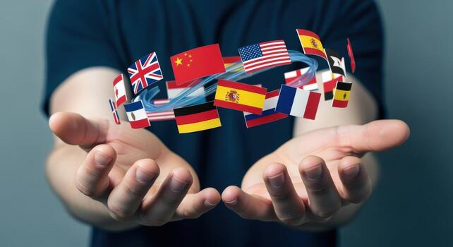Global Communication Concept with National Flags Hovering Over Open Hands, Representing International Cooperation and Understanding photo