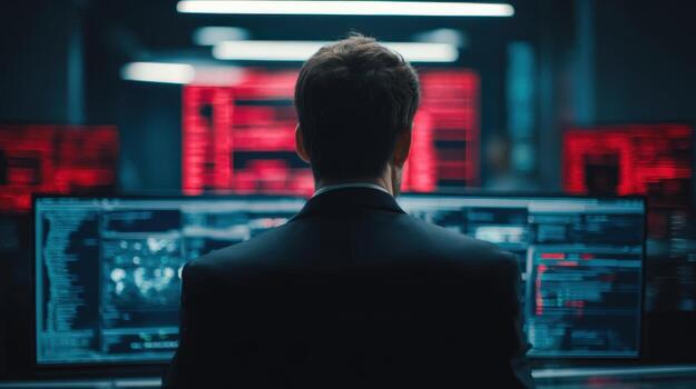 Cybersecurity Analyst Monitoring Data Streams in a Dark Control Room with Multiple Displays photo
