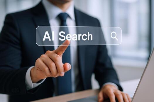 Businessman Activating AI Search Interface on Virtual Screen, Future Technology Concept and Modern Business Solutions photo