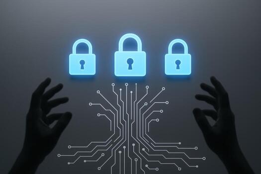 Digital Security Concept Hands Protecting Cybersecurity with Padlocks and Circuit Board Illustration, Representing Data Protection photo
