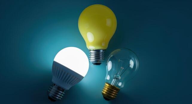 Three Light Bulbs showcasing Different Technologies, including Incandescent, LED, and a Yellow Tinted Bulb photo