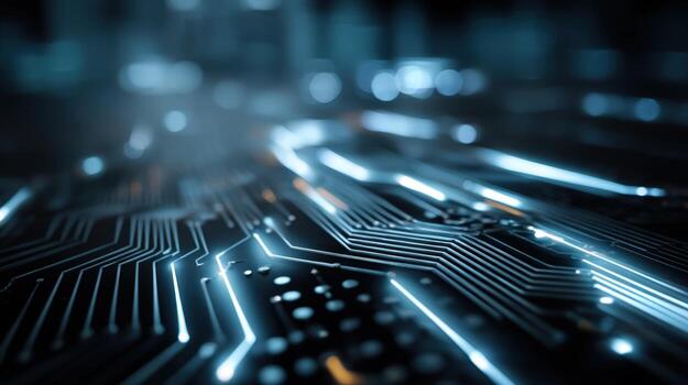 Abstract Circuit Board Design with Glowing Traces, Representing High Tech Innovation and Connectivity photo