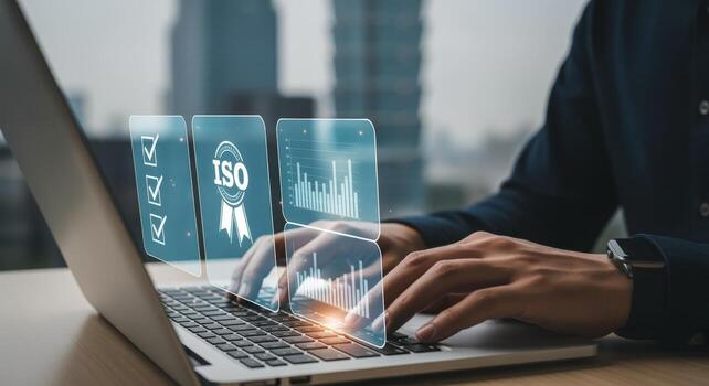 Business Professional Working on Laptop with ISO Certification and Quality Assurance Hologram Interface photo