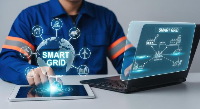 Smart Grid Technology Integration Engineer Analyzing Data on Tablet and Laptop for Sustainable Energy Solutions photo