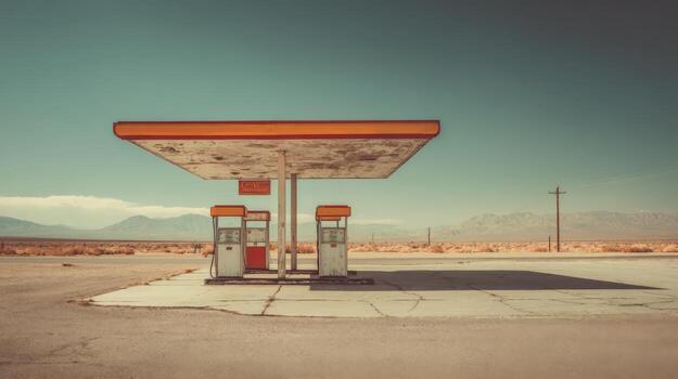 Vintage Gas Station in Desert Landscape, USA, Featuring Weathered Architecture and Nostalgic Design Elements photo