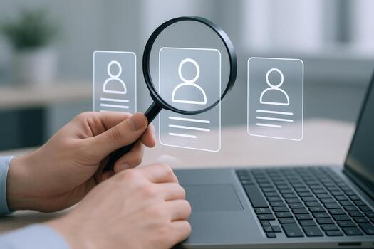 reclutamiento proceso concepto demostración manos utilizando aumentador vaso a revisión en línea candidato perfiles para trabajo solicitud foto