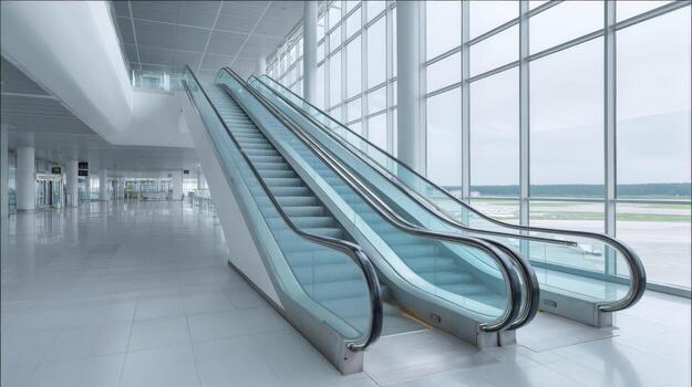 Modern Escalator in Airport Terminal with Large Windows and Natural Light, Seamless Transition photo