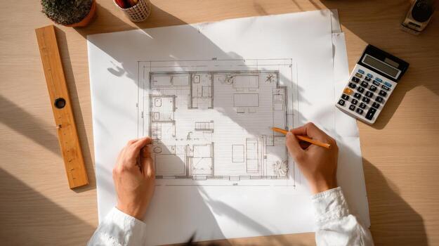 Architect Reviewing House Blueprint on Desk with Calculator and Tools for Building Project photo