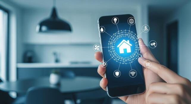 Smart Home Automation Controlling House Functions via Smartphone App Interface in Modern Interior photo