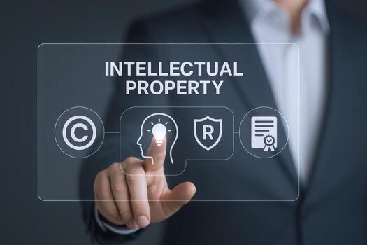 Intellectual Property Protection Concept Businessman Touching Copyright, Patent, and Idea Icons on a Virtual Interface photo