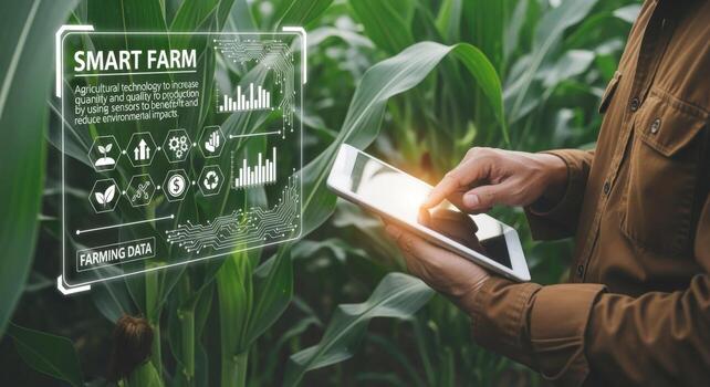 Precision Agriculture Farmer Using Tablet for Smart Farming with Crop Monitoring Technology in Cornfield photo