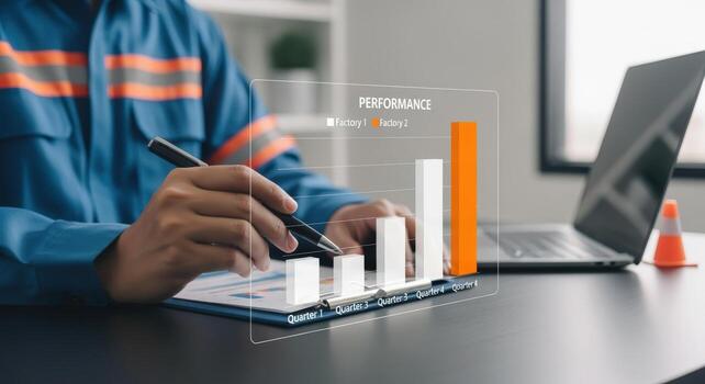 Construction Analyst Reviewing Project Performance Data Using Augmented Reality with a Laptop on the Desk photo