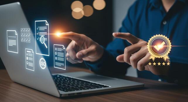 Quality Assurance and Compliance Businessman Inspecting Documents with Digital Interface on Laptop for Audit and Approval photo