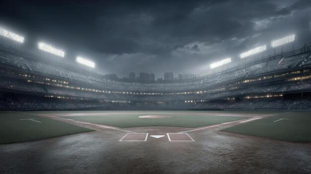 vacío béisbol estadio debajo dramático cielo Listo para el juego, esperando para el multitud foto