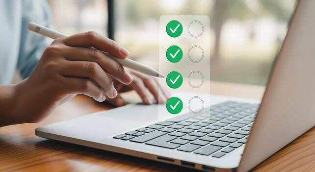 Online Survey on Laptop with Digital Pen Showing Completion, Representing Digital Transformation and Efficiency photo